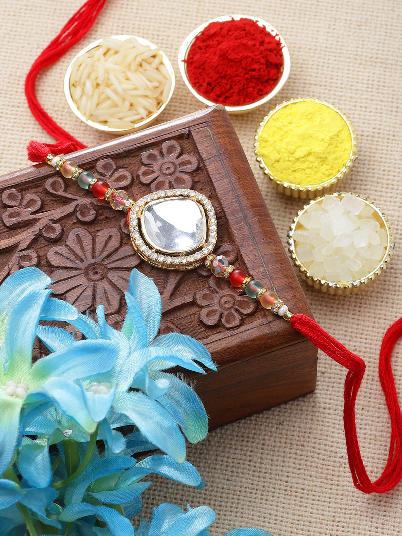 Gold Plated Gold Toned Artificial Beads & Kundan Studded Rakhi