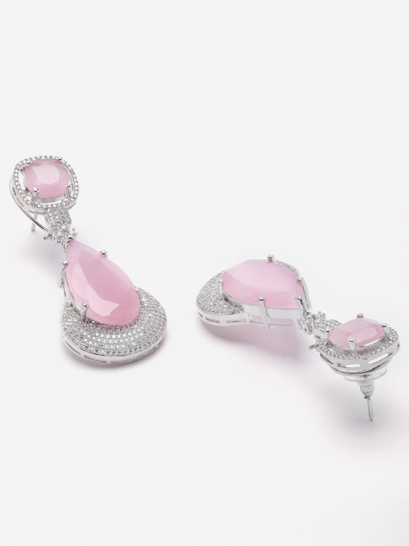 Rhodium-Plated Pink & White American Diamond studded Teardrop Drop Earrings