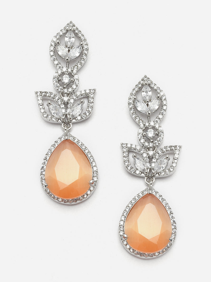 Rhodium-Plated Orange American Diamond studded Teardrop & Leaf Shaped Drop Earrings