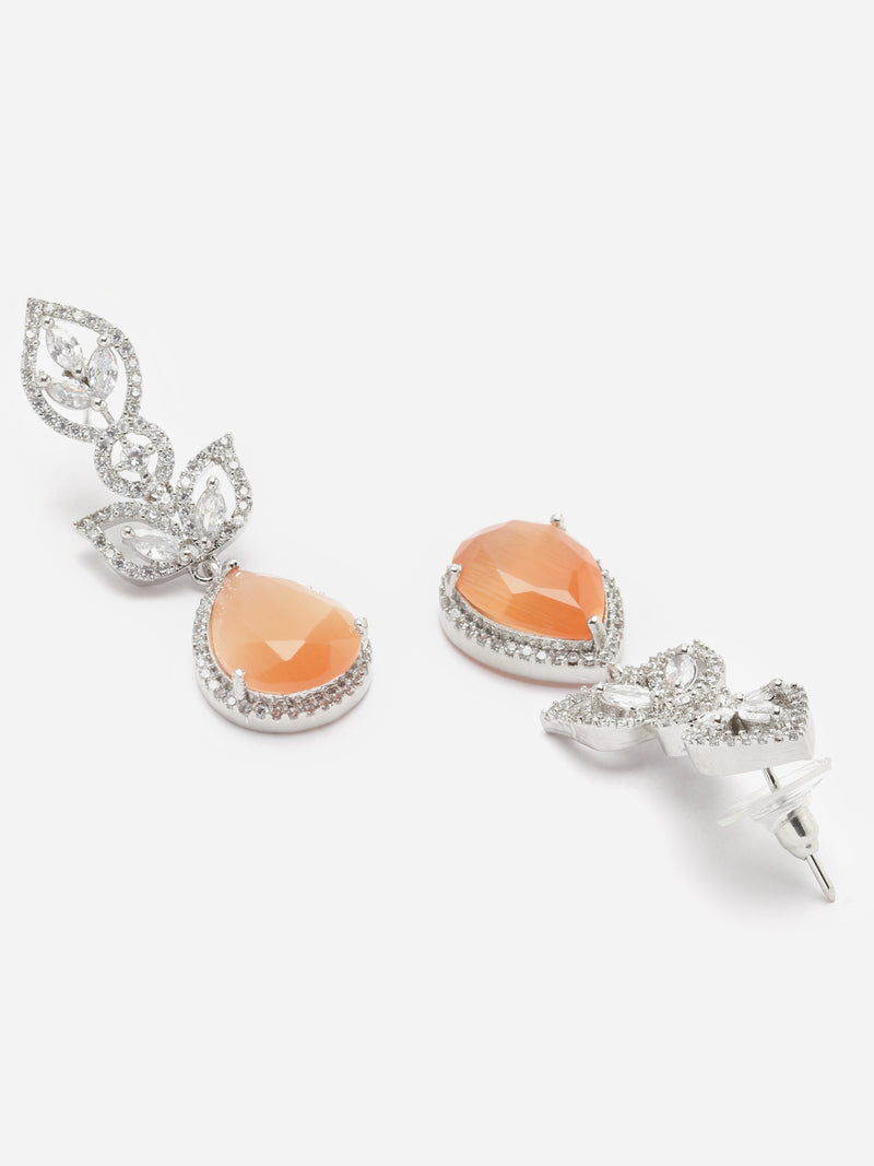 Rhodium-Plated Orange American Diamond studded Teardrop & Leaf Shaped Drop Earrings