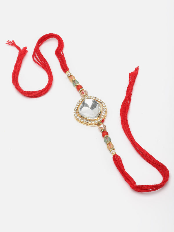 Gold Plated Gold Toned Artificial Beads & Kundan Studded Rakhi