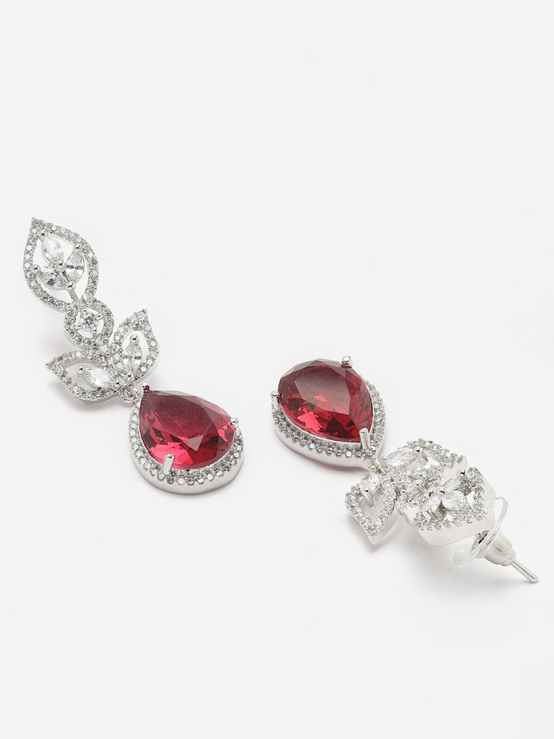 Rhodium-Plated Red American Diamond studded Teardrop & Leaf Shaped Drop Earrings