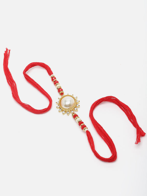 Gold Plated Gold Toned Pearl Studded Sunflower Rakhi