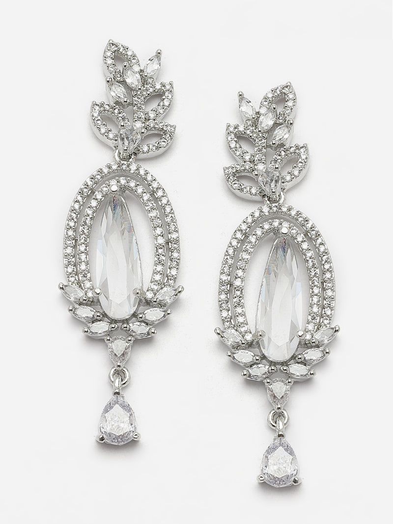 Rhodium-Plated White American Diamond studded Handcrafted Teardrop Shaped Drop Earrings