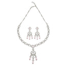 Rhodium-Plated Pink Baguette Teardrops American Diamonds Studded Necklace & Earrings Jewellery Set
