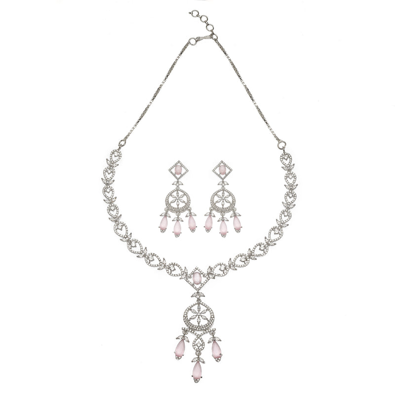 Rhodium-Plated Pink Baguette Teardrops American Diamonds Studded Necklace & Earrings Jewellery Set