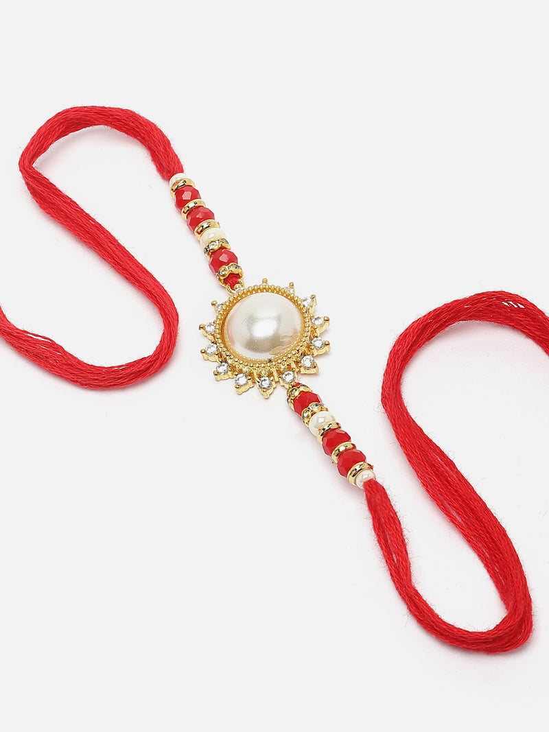 Gold Plated Gold Toned Pearl Studded Sunflower Rakhi
