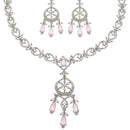Rhodium-Plated Pink Baguette Teardrops American Diamonds Studded Necklace & Earrings Jewellery Set