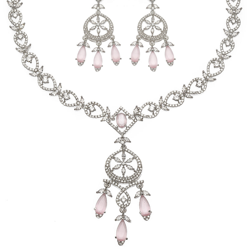Rhodium-Plated Pink Baguette Teardrops American Diamonds Studded Necklace & Earrings Jewellery Set