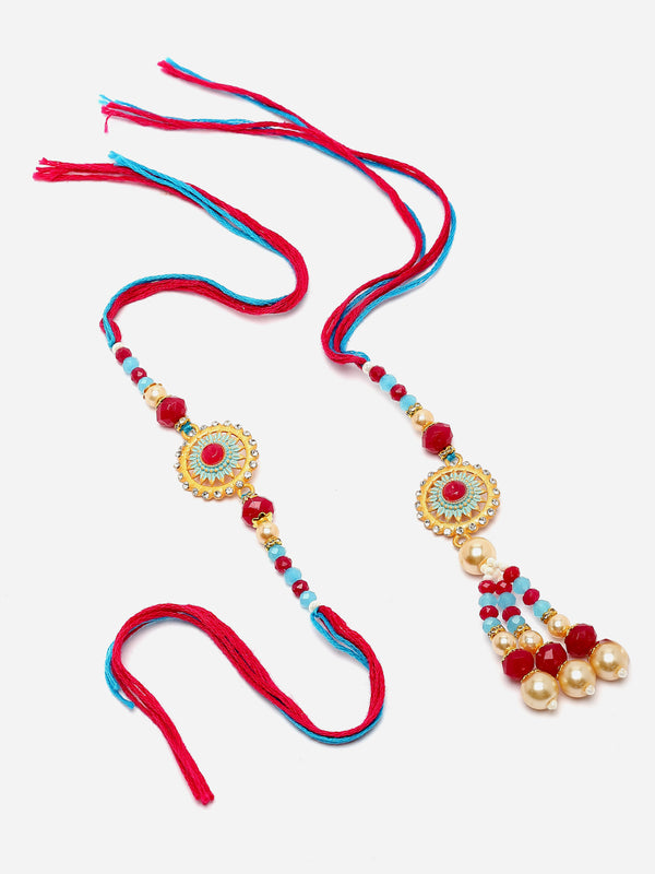 Traditional Pink & Blue Artificial Stones & Bead Studded Bhaiya Bhabhi Rakhi Set