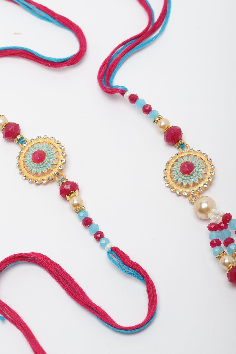 Traditional Pink & Blue Artificial Stones & Bead Studded Bhaiya Bhabhi Rakhi Set