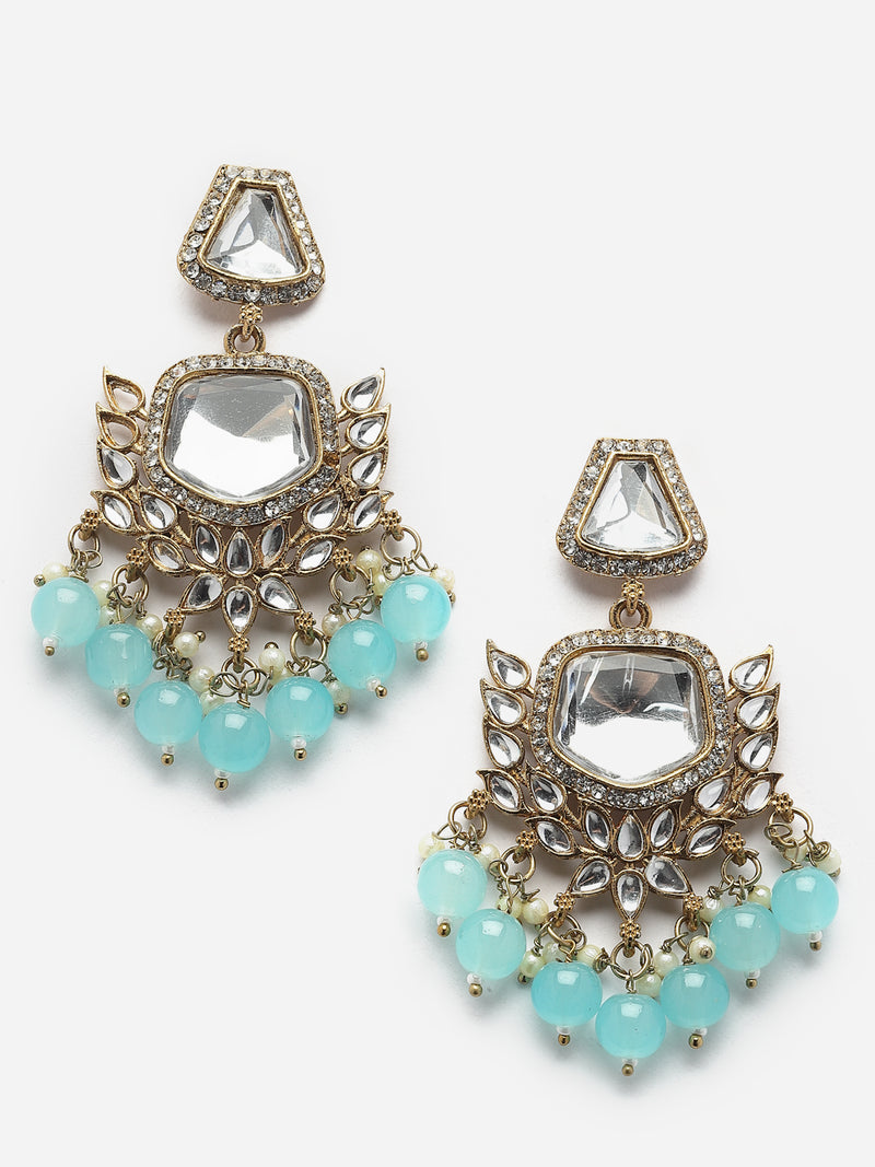 Gold-Plated Kundan & Sky Blue Pearls studded Classic Mirror Drop Earrings