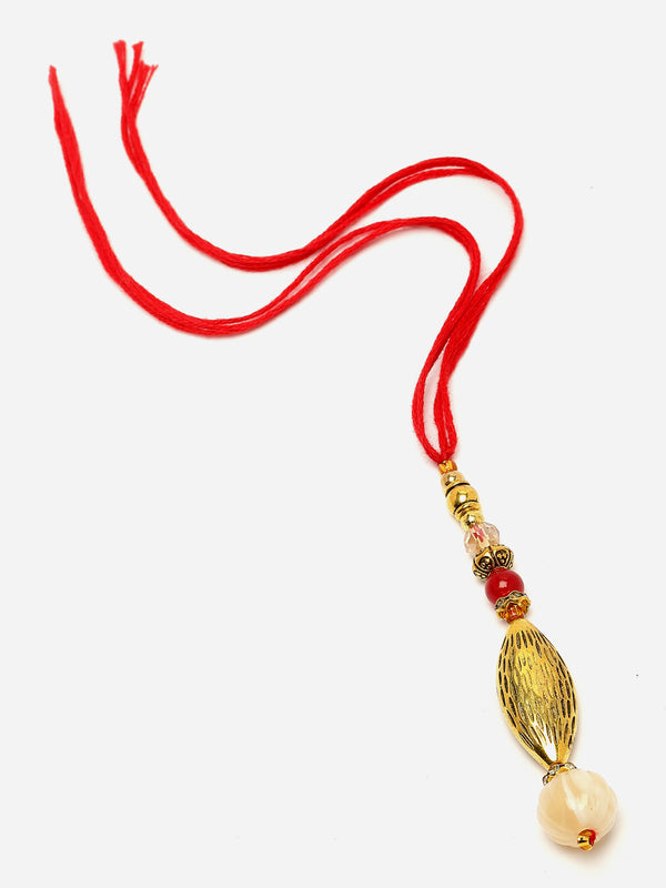 Traditional Classy Gold-Plated White Beads Studded Lumba Rakhi For Bhabhi
