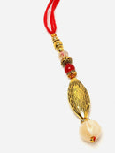 Traditional Classy Gold-Plated White Beads Studded Lumba Rakhi For Bhabhi