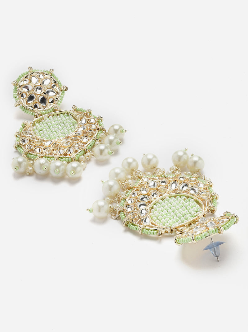 Gold-Plated Lime Green Beads White Pearls & Kundan studded Handcrafted Crescent Shaped Drop Earrings