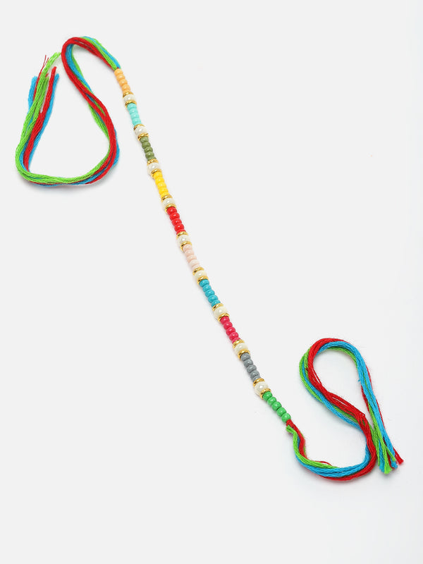 White Pearls With Small Multicolor Beads Stringed Rakhi