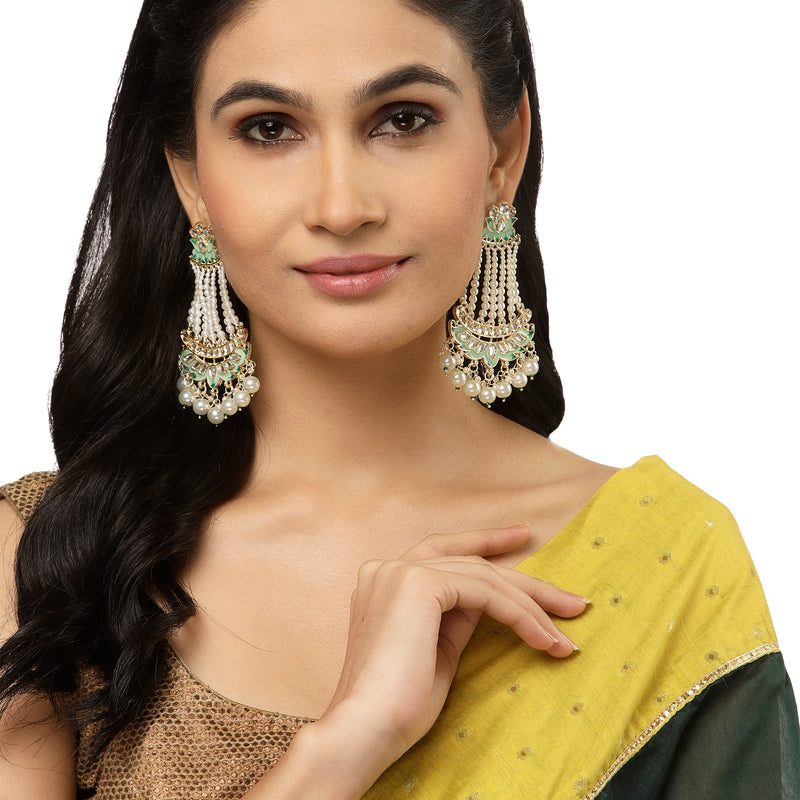 Gold-Plated White Pearls studded & Sea Green Enamelled Floral Shaped Drop Earrings