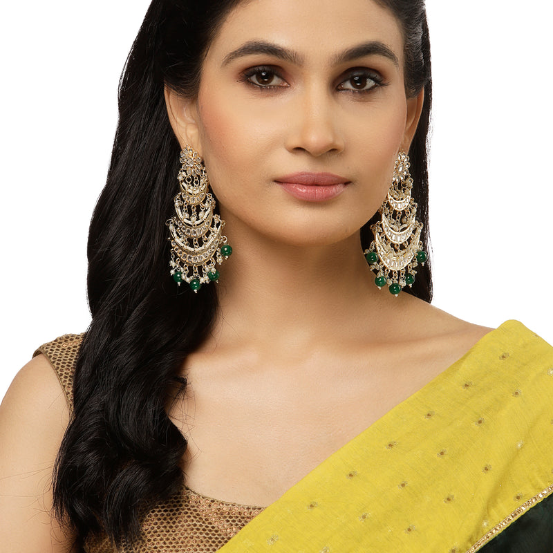 Gold-Plated Green Pearls & Kundan studded Crescent Shaped Vilandi Drop Earrings