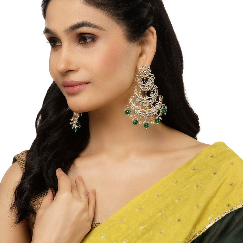 Gold-Plated Green Pearls & Kundan studded Crescent Shaped Vilandi Drop Earrings