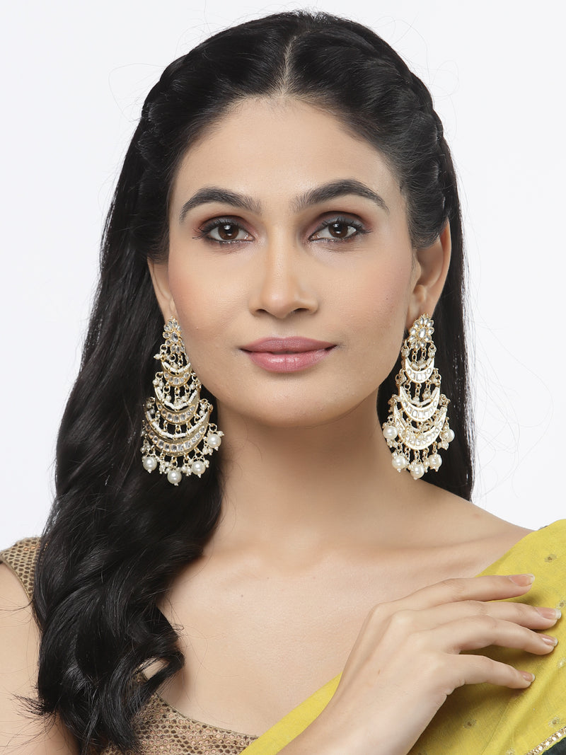 Gold-Plated White Pearls & Kundan studded Crescent Shaped Vilandi Drop Earrings