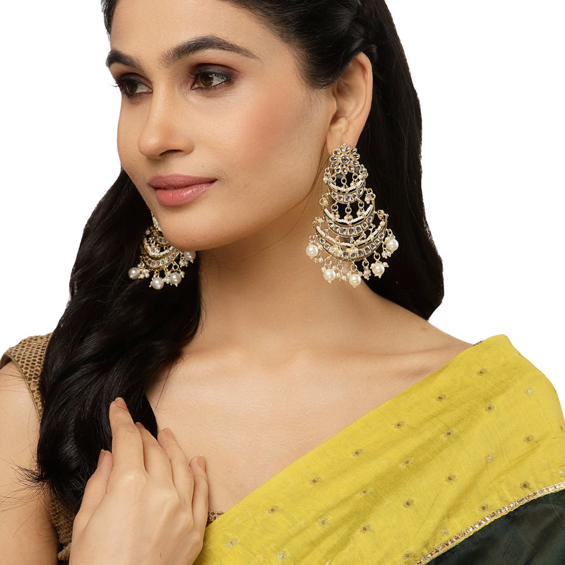 Gold-Plated White Pearls & Kundan studded Crescent Shaped Vilandi Drop Earrings