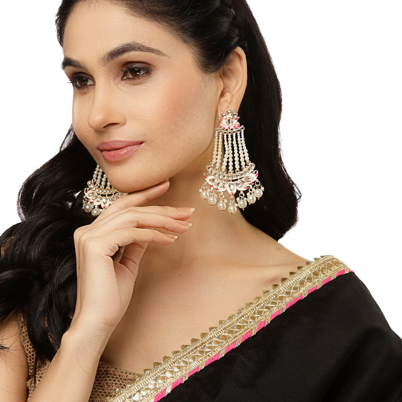 Gold-Plated White Pearls studded & White Enamelled Floral Shaped Drop Earrings