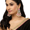 Gold-Plated White Pearls studded & Pink Enamelled Floral Shaped Drop Earrings