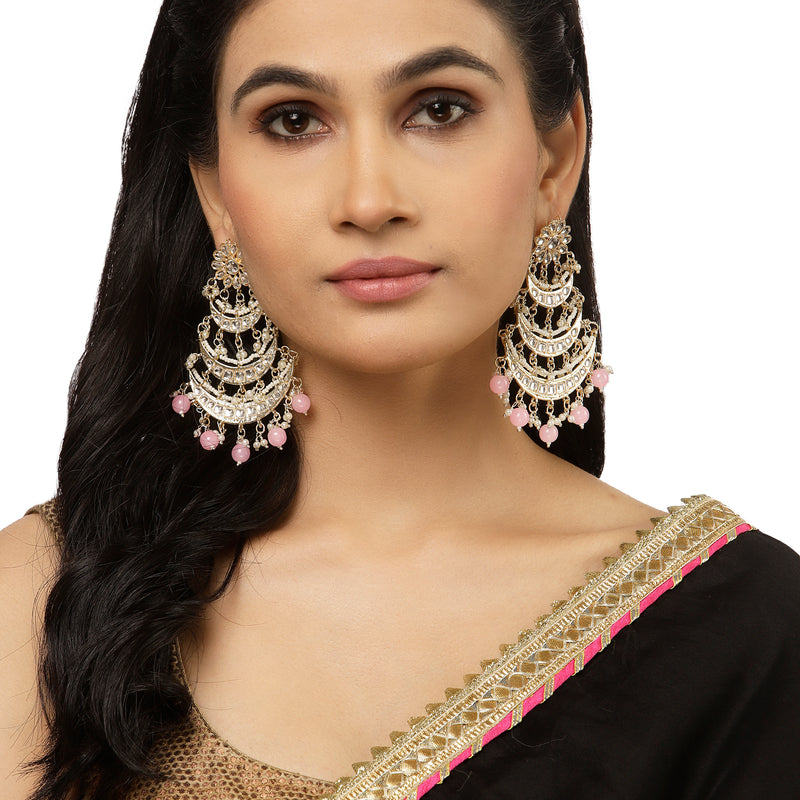 Gold-Plated Pink Pearls & Kundan studded Crescent Shaped Vilandi Drop Earrings