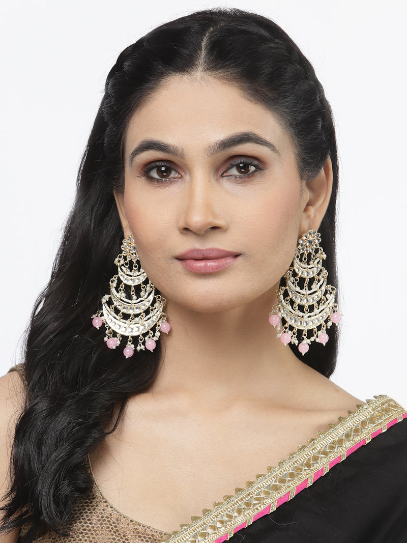 Gold-Plated Pink Pearls & Kundan studded Crescent Shaped Vilandi Drop Earrings