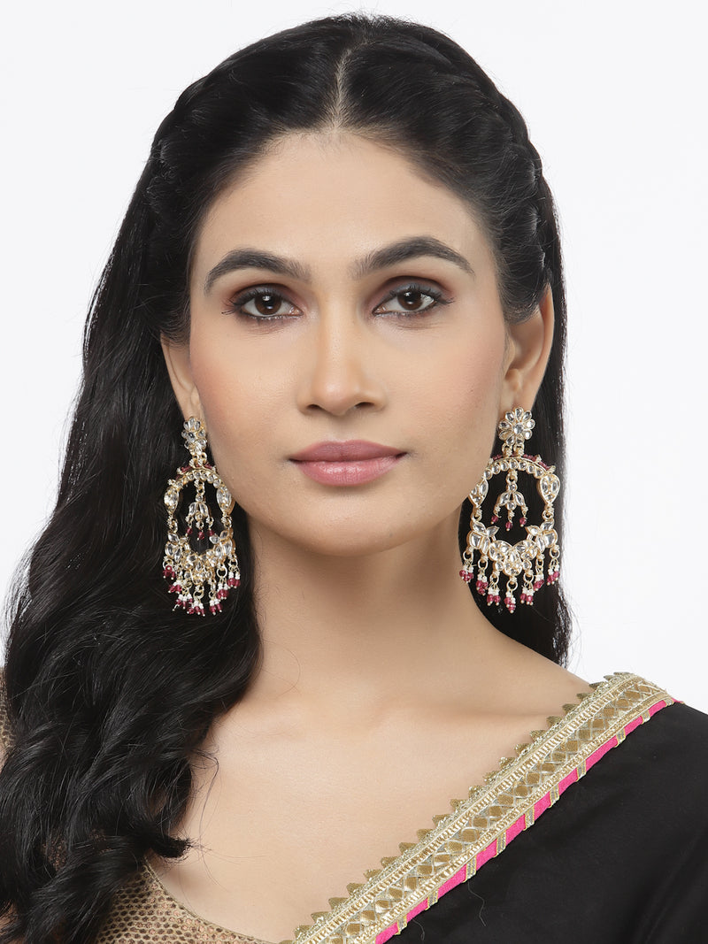 Gold-Plated Pink Pearls & Kundan studded Floral Shaped Chandelier Drop Earrings