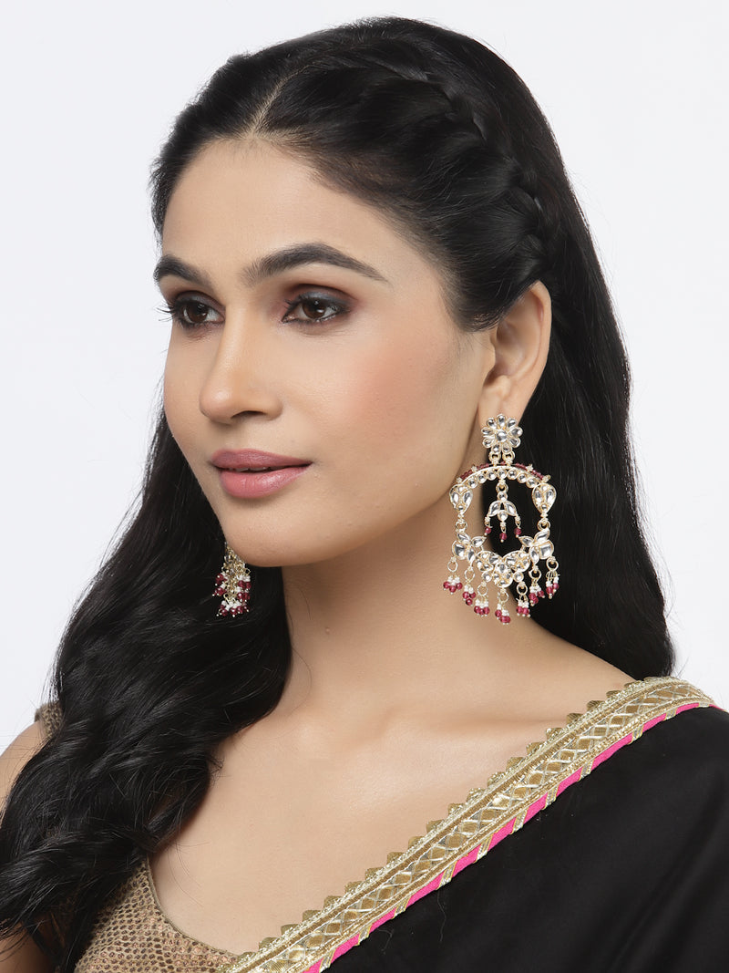 Gold-Plated Pink Pearls & Kundan studded Floral Shaped Chandelier Drop Earrings