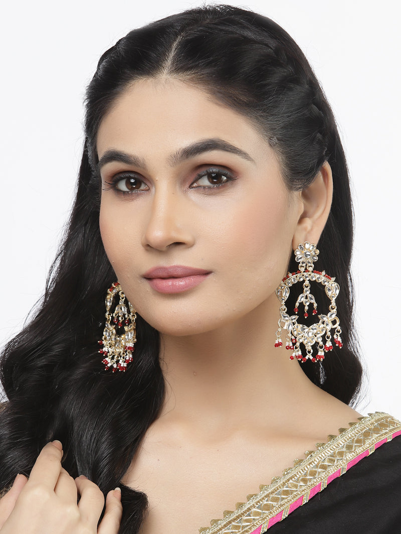 Gold-Plated Red Pearls & Kundan studded Floral Shaped Chandelier Drop Earrings