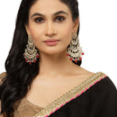 Gold-Plated Red Pearls & Kundan studded Crescent Shaped Vilandi Drop Earrings