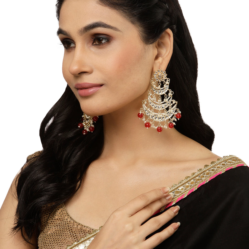 Gold-Plated Red Pearls & Kundan studded Crescent Shaped Vilandi Drop Earrings