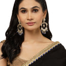 Gold-Plated Navy Blue Pearls & Kundan studded Floral Shaped Chandelier Drop Earrings