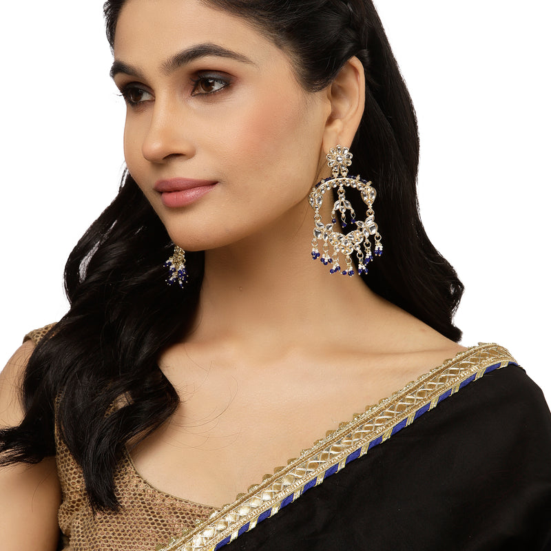 Gold-Plated Navy Blue Pearls & Kundan studded Floral Shaped Chandelier Drop Earrings