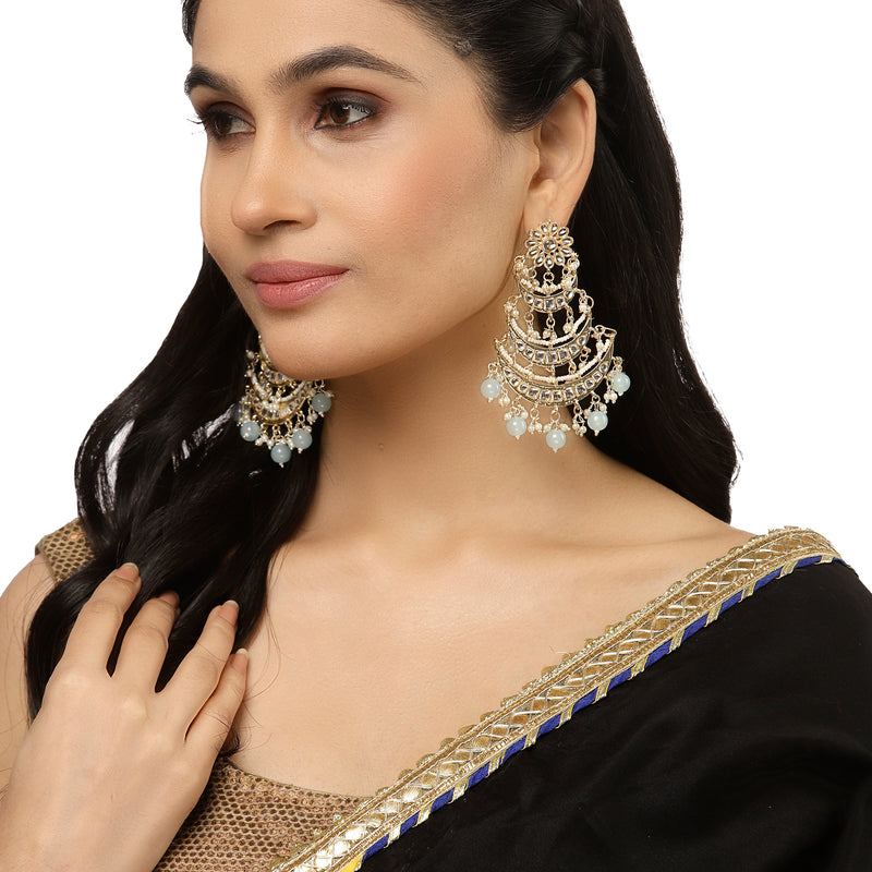 Gold-Plated Sea Green Pearls & Kundan studded Crescent Shaped Vilandi Drop Earrings