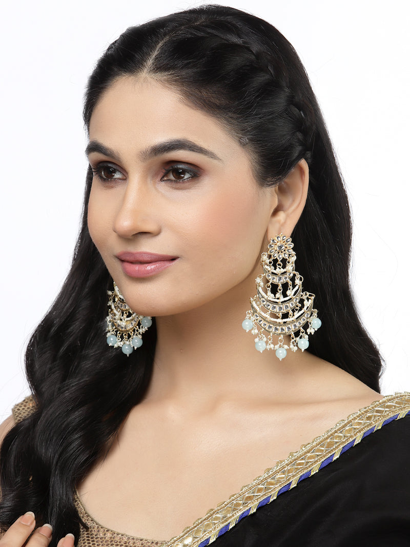 Gold-Plated Sea Green Pearls & Kundan studded Crescent Shaped Vilandi Drop Earrings