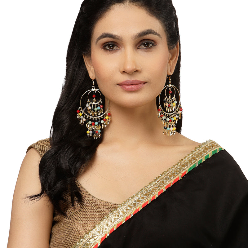 Gold-Plated Multi-Coloured Artificial Stones studded Circular Layered Drop Earrings