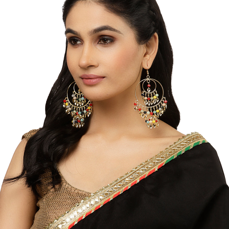 Gold-Plated Multi-Coloured Artificial Stones studded Circular Layered Drop Earrings