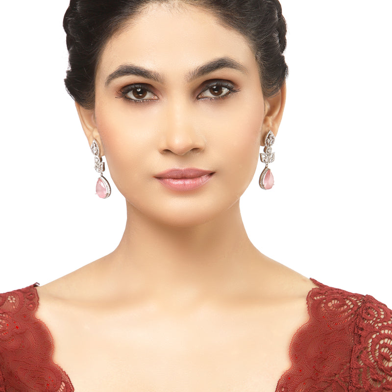 Rhodium-Plated Pink American Diamond studded Teardrop & Leaf Shaped Drop Earrings