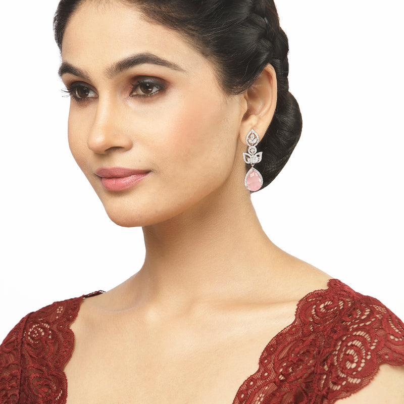 Rhodium-Plated Pink American Diamond studded Teardrop & Leaf Shaped Drop Earrings