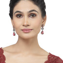 Rose Gold-Plated Gunmetal Toned Red American Diamond studded Teardrop & Leaf Shaped Drop Earrings