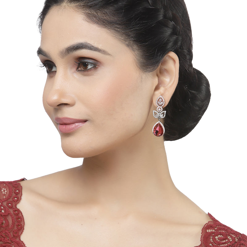 Rose Gold-Plated Gunmetal Toned Red American Diamond studded Teardrop & Leaf Shaped Drop Earrings