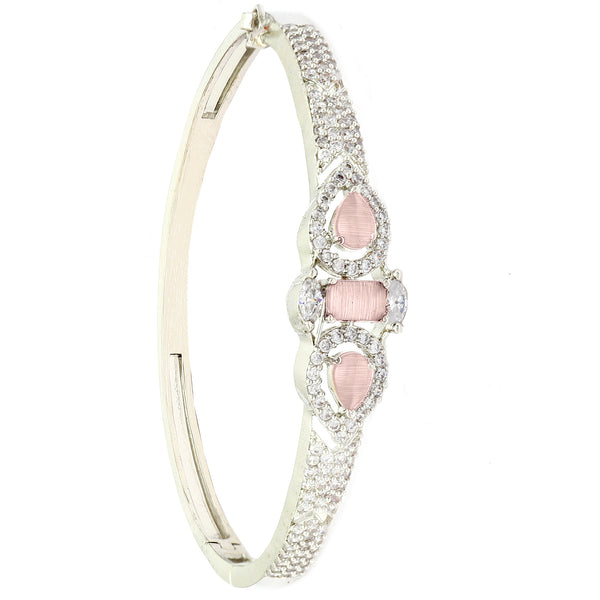 Rhodium-Plated Silver Toned Teardrop & Square Shaped Pink American Diamond Studded Bracelet