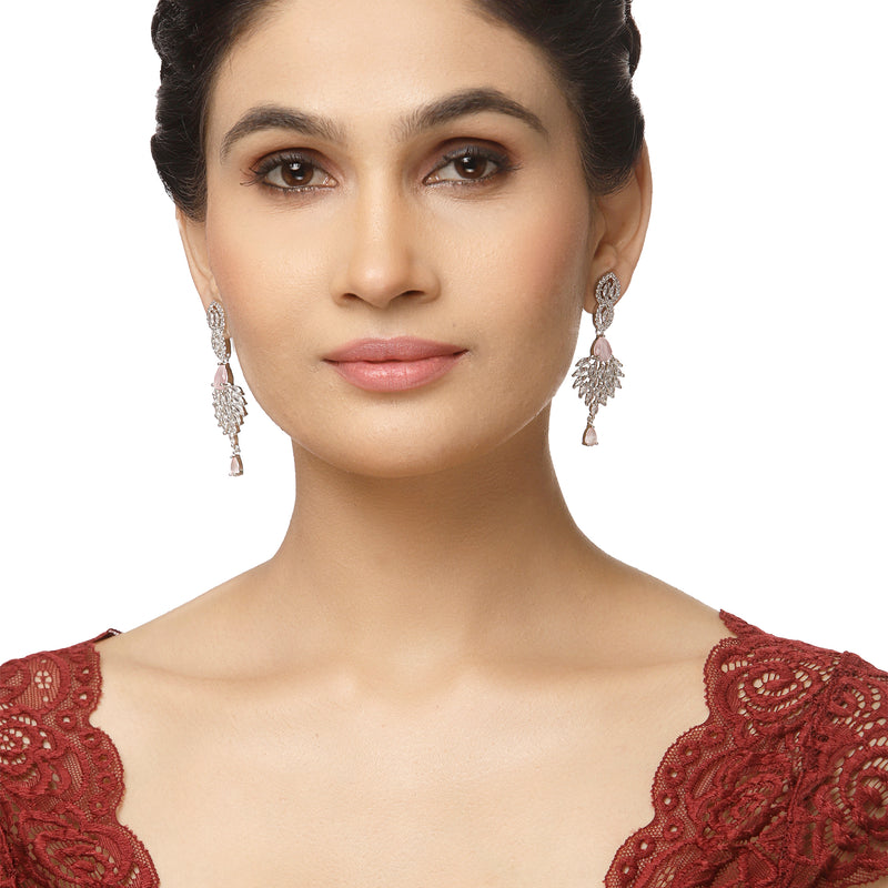 Rhodium-Plated Pink American Diamond studded Handcrafted Spiked Drop Earrings