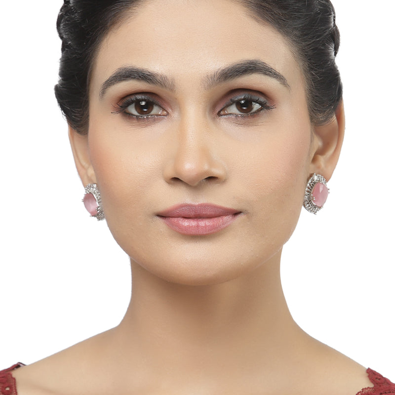 Rhodium-Plated Pink & White American Diamond studded Contemporary Round Stud Earrings