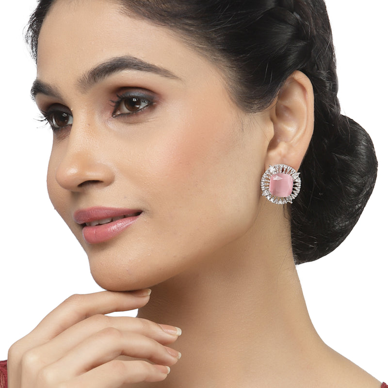 Rhodium-Plated Pink & White American Diamond studded Contemporary Round Stud Earrings
