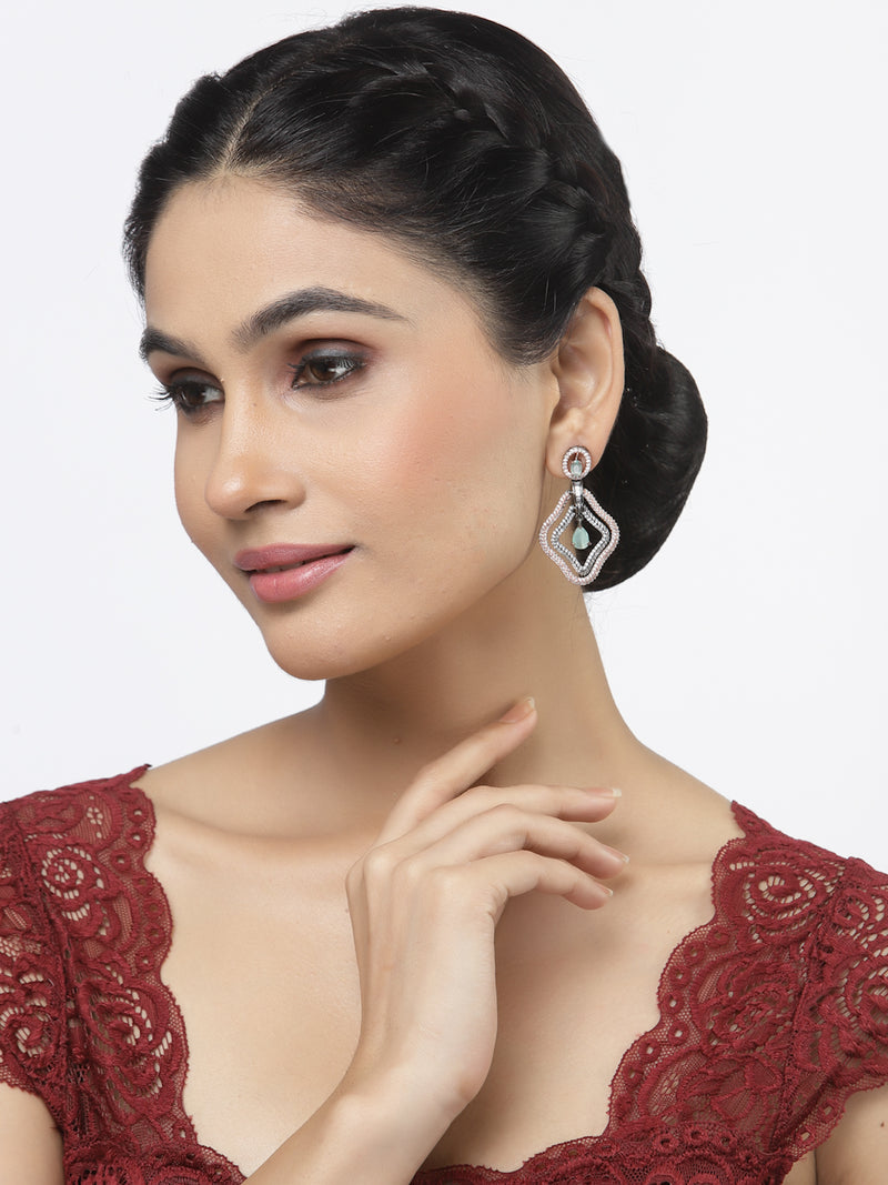 Rose Gold-Plated Gunmetal Toned White American Diamond studded Quirky Shaped Drop Earrings