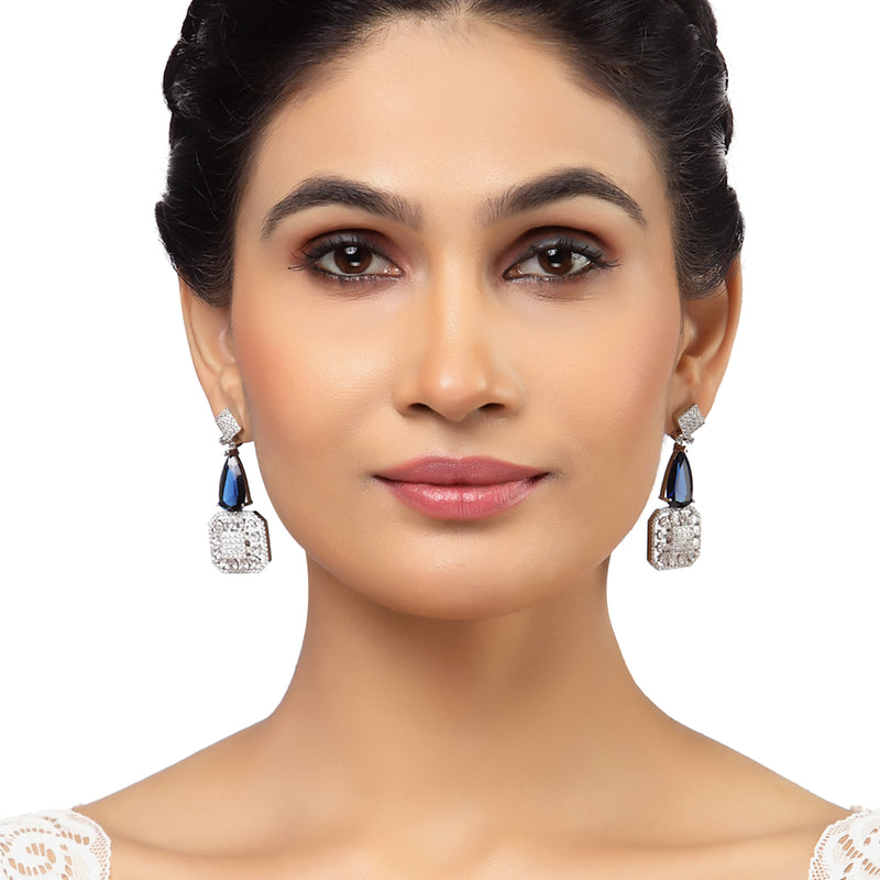 Rhodium-Plated Navy Blue & White American Diamond studded Square & Teardrop Drop Earrings